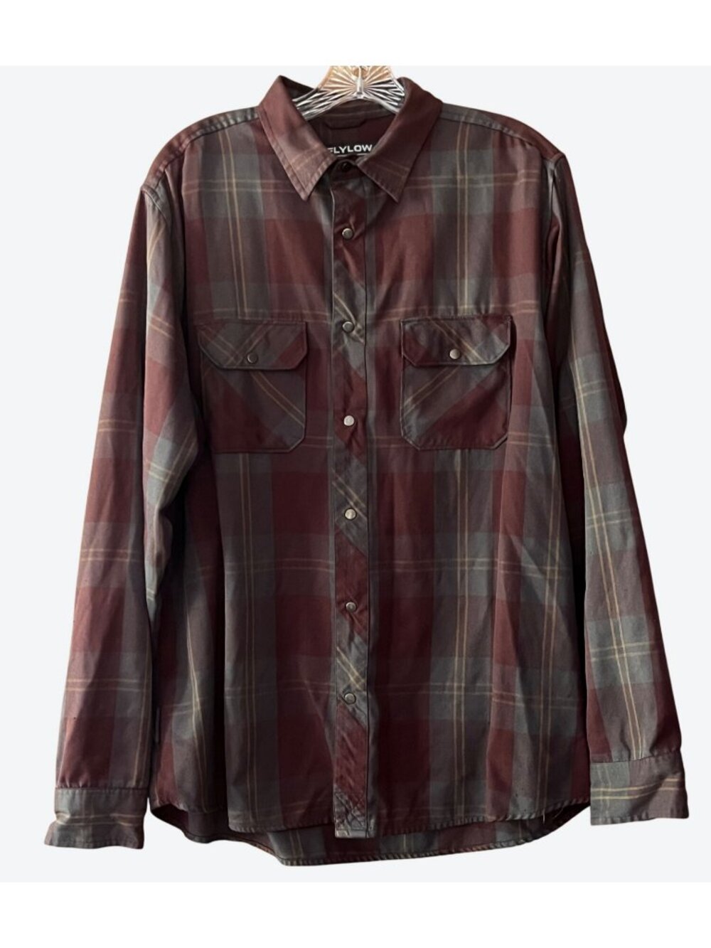 Flylow Men's XL Snap Button Front Muted Burgundy Gray Gold Handlebar Tech Flanne